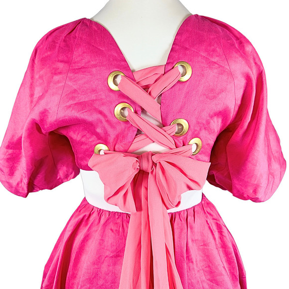 NWT Aje Admiration Hot Pink Balloon Sleeve Corset LaceUp Bow Mini Dress‎ US4|AU8 - Picture 10 of 13